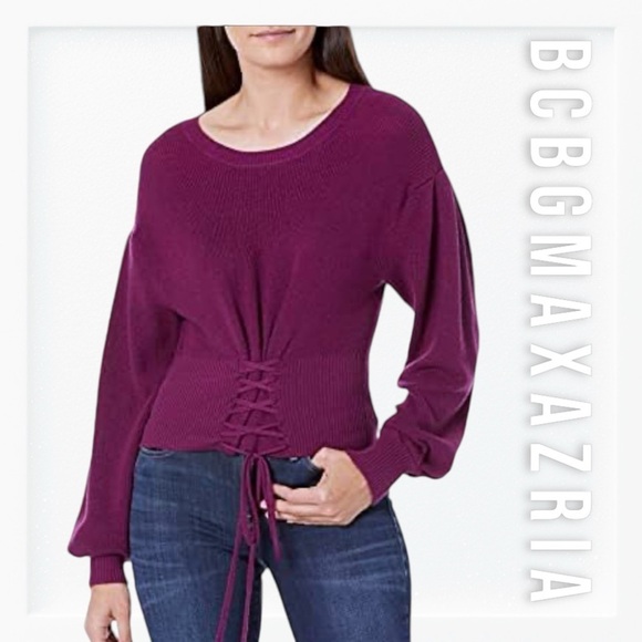 BCBGMaxazria Violet Purple Tight Knit Corset Waist Sweater sz S - Picture 1 of 9